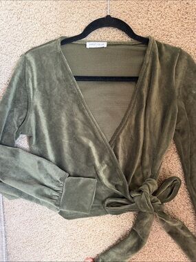 vestique Olive Corduroy Wrap Top with Side Tie